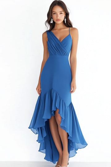 Robe formelle à volants en mousseline de soie fourreau bleu